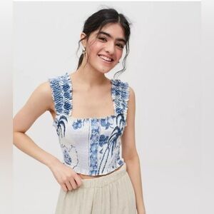 Urban Outfitters Blue Floral Smocked Tank Top XS Coastal Summer Boho
